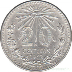 Монета. Мексика. 20 сентаво 1942 год.