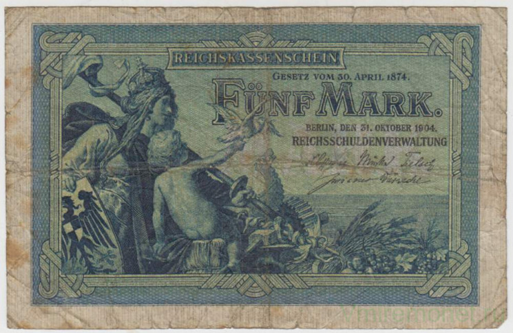 Банкнота. Германия. Германская империя. 5 марок 1904 год. Серийный номер - шесть цифр.