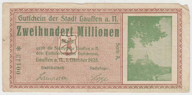 Бона. Нотгельд. Германия. Город Лауффен на Неккаре. 200 миллионов марок 1923 год. (надпечатка на 5 миллионов 1923 год).