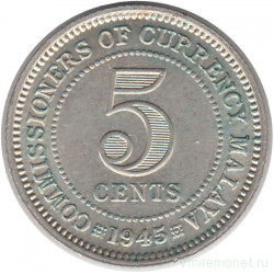 Монета. Малайя (Малайзия). 5 центов 1945 год. Без отметки монетного двора.