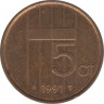 Монета. Нидерланды. 5 центов 1991 год. ав.