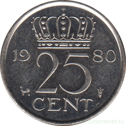 Монета. Нидерланды. 25 центов 1980 год.