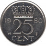 Монета. Нидерланды. 25 центов 1980 год. ав.