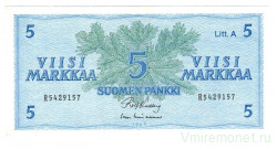 Банкнота. Финляндия. 5 марок 1963 год. Тип 99а(92).