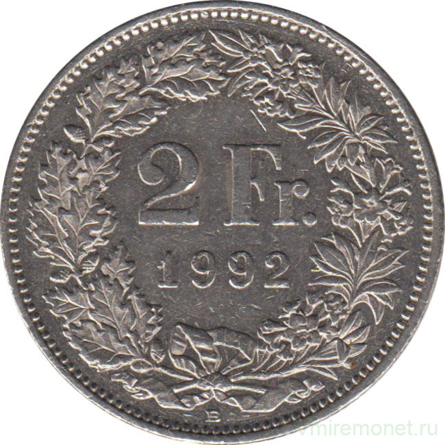 Монета. Швейцария. 2 франка 1992 год.