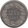  Монета. Швейцария. 2 франка 1992 год. ав.