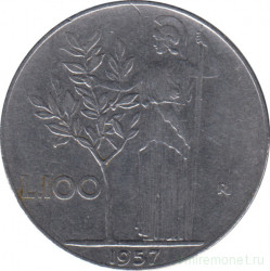 Монета. Италия. 100 лир 1957 год.