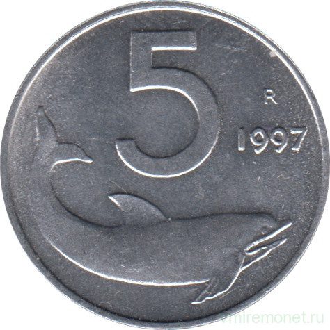 Монета. Италия. 5 лир 1997 год.