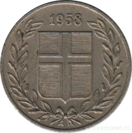 Монета. Исландия. 25 аурар 1958 год.