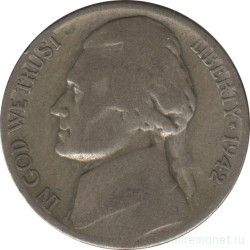 Монета. США. 5 центов 1942 год. Серебро. Монетный двор S.
