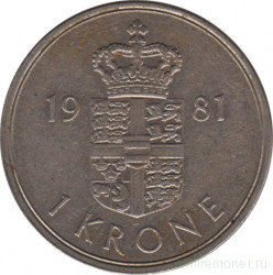 Монета. Дания. 1 крона 1981 год.