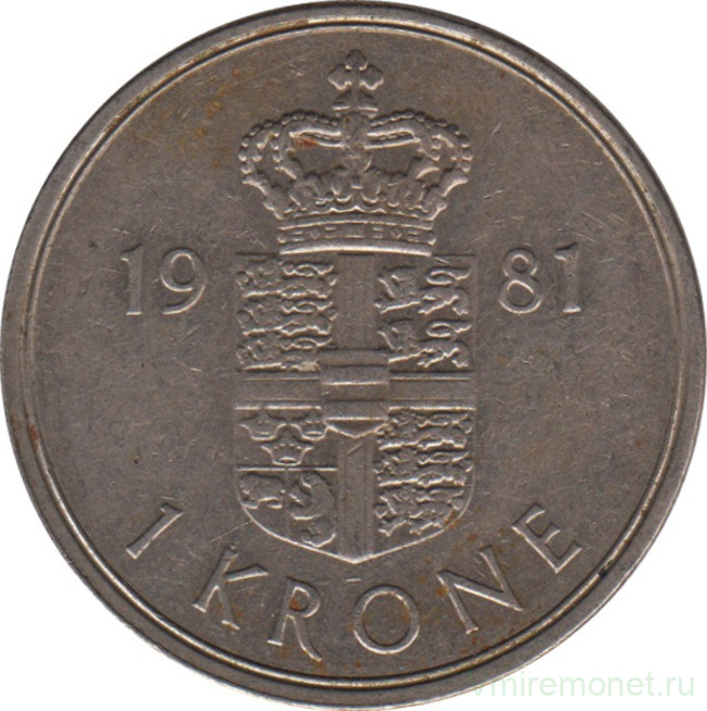 Монета. Дания. 1 крона 1981 год.