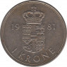  Монета. Дания. 1 крона 1981 год. ав.