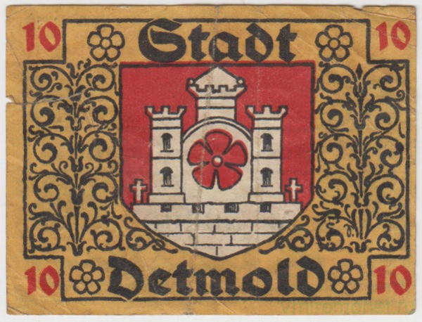 Бона. Нотгельд. Германия. Город Детмольд. 10 пфеннигов 1920 год. Вариант 268.2.а.
