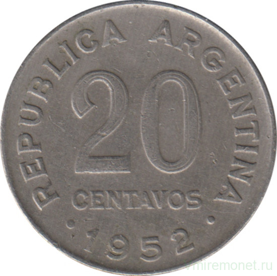 Монета. Аргентина. 20 сентаво 1952 год. Медно-никелевый сплав.