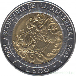 Монета. Сан-Марино. 500 лир 1992 год. Открытие Америки.