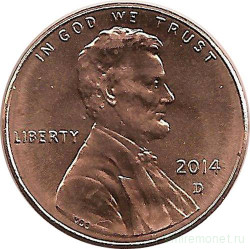 Монета. США. 1 цент 2014 год. Монетный двор D.
