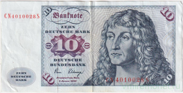 Банкнота. Германия. ФРГ. 10 марок 1980 год. Тип 31d.