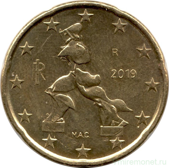 Монета. Италия. 20 центов 2019 год.