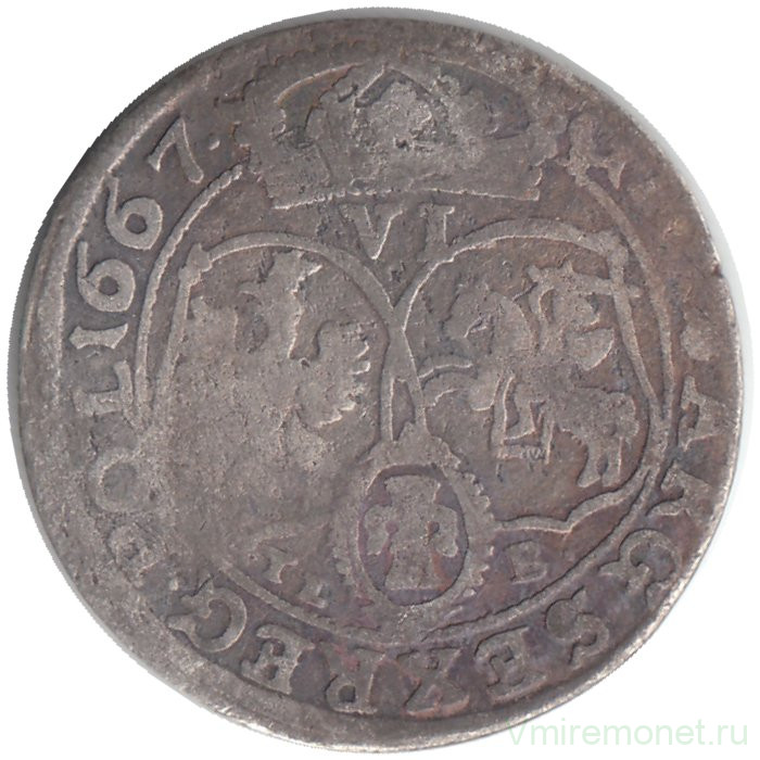Монета. Польша. Шостак (6 грошей) 1667 год. Ян Казимир Ваза II.