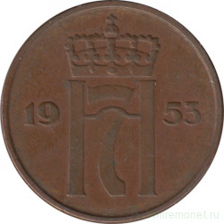 Монета. Норвегия. 5 эре 1953 год.