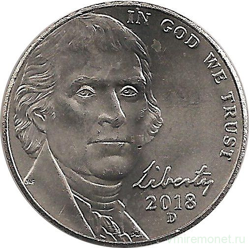 Монета. США. 5 центов 2018 год. Монетный двор D.