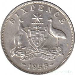 Монета. Австралия. 6 пенсов 1958 год.