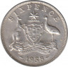 Монета. Австралия. 6 пенсов 1958 год. ав.