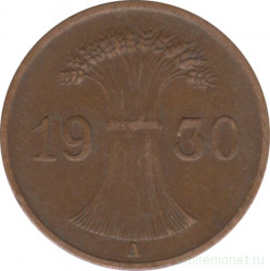 Монета. Германия. Веймарская республика. 1 рейхспфенниг 1930 год. Монетный двор - Берлин (А).