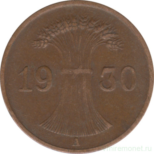 Монета. Германия. Веймарская республика. 1 рейхспфенниг 1930 год. Монетный двор - Берлин (А).