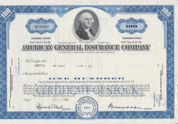 Акция. США. "AMERIGAN GENERAL INSURANCE COMPANY". 100 акций 1969 год. Вариант 1.